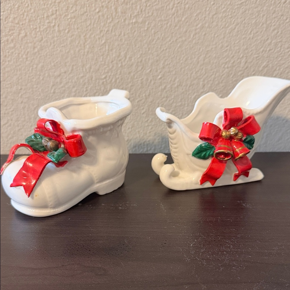 Festive White Ceramic Boot and Sleigh Set with Red Accents